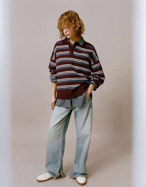 Pull&Bear Long sleeve striped polo shirt in maroon - view 1