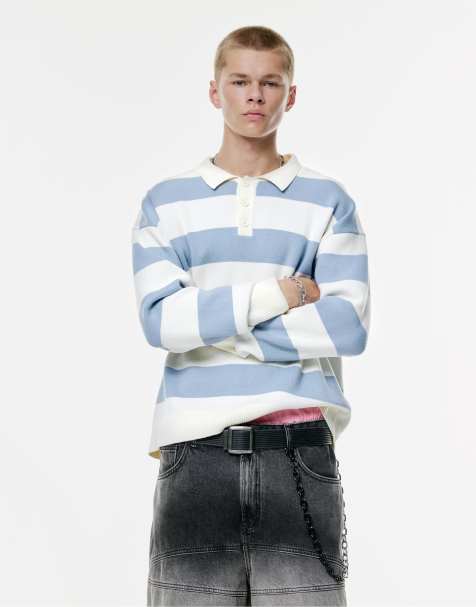Pull&Bear Long sleeve striped polo shirt in sky blue - view 1