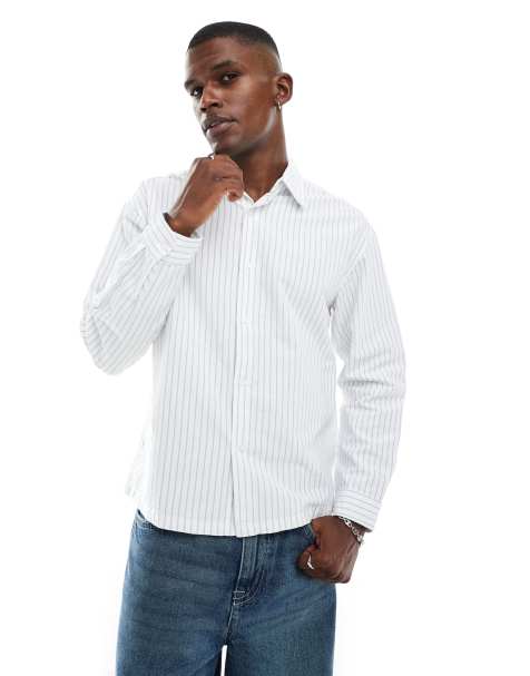 Pull&Bear long sleeve striped shirt in white  - view 1