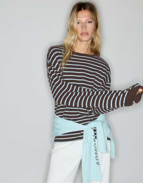 Pull&Bear Long sleeve striped t-shirt in brown - view 1