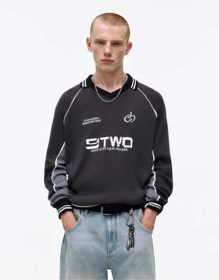 Pull & Bear Long Sleeve Stwd Polo Shirt In Grey