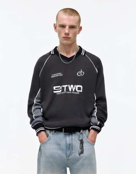 Pull&Bear Long sleeve stwd polo shirt in grey