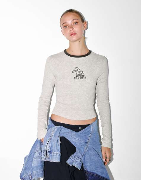 Pull&Bear Long sleeve t-shirt with ribbed rabbit graphic in grey marl - view 1