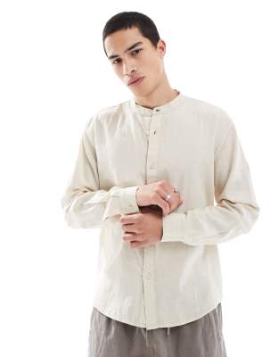 Pull & Bear Long Sleeve Textured Grandad Shirt In White
