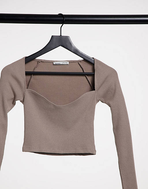 Pull&Bear long sleeve top with corset detail neckline in taupe