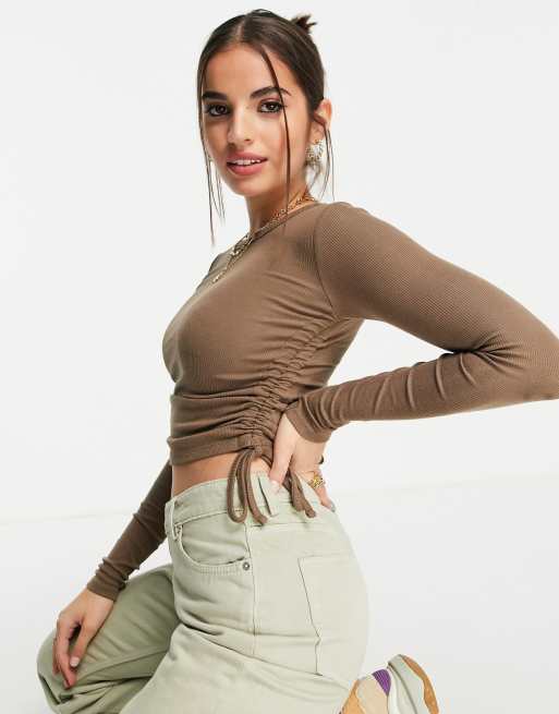 Pull&Bear ribbed long sleeve yoga top in tan