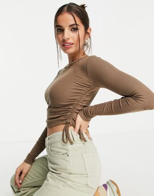Pull&Bear long sleeve top with ruching in brown