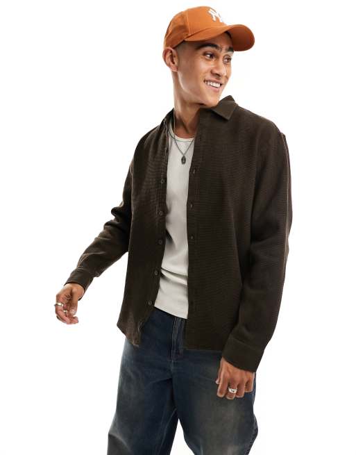 Pull&Bear long sleeve waffle shirt in brown