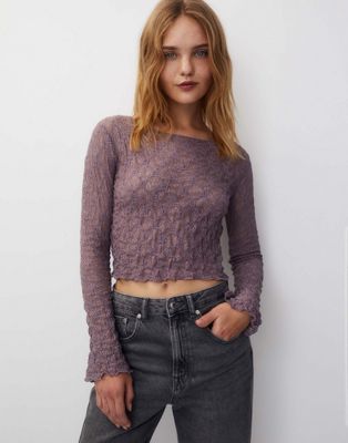 Pull&Bear long sleeve with flare detail lace top in purple