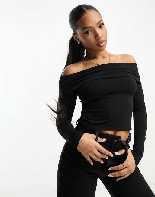 Black bardot best sale top with sleeves