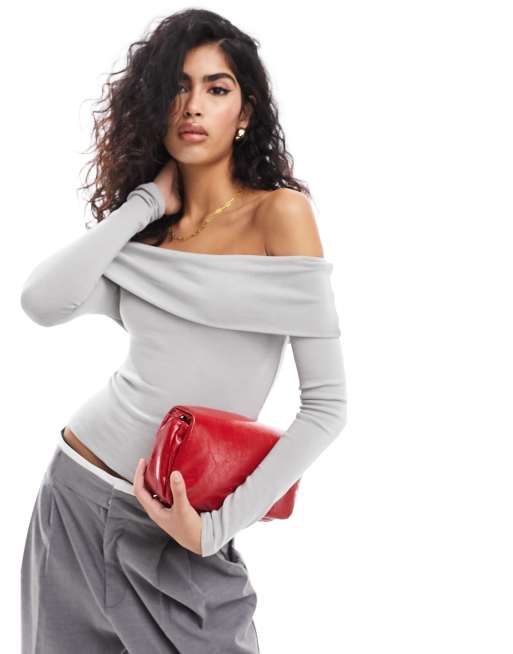 Pull&Bear long sleeved bardot top in light grey