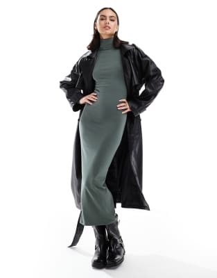 Миди-платье Pull-Bear с длинными рукавами цвета хаки