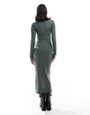 pull&bear long sleeved midi dress in khaki