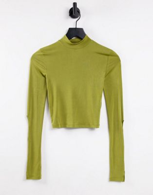 Pull&Bear long sleeved polo neck top with cut out sleeves in green