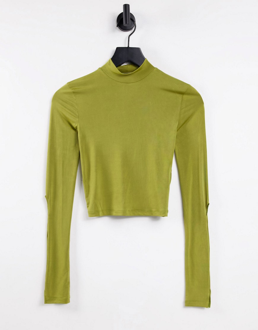 Pull & Bear long sleeved polo neck top with cut out sleeves in green