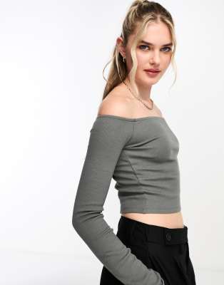 Pull & Bear Long Sleeved Ribbed Bardot Top In Stone-neutral