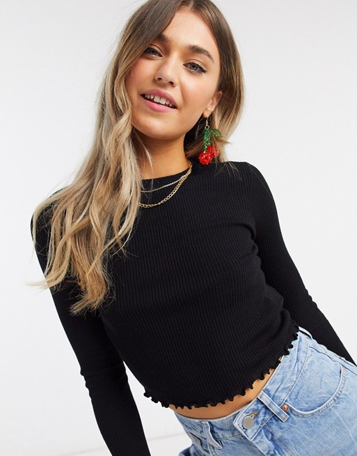 Pull&Bear long sleeved ribbed top with lettuce edge in black