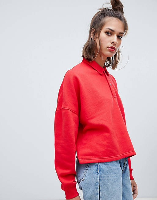 Pull&bear long sleeved rugby top in red | ASOS