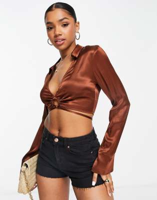 Pull&Bear long sleeved satin wraparound shirt in brown