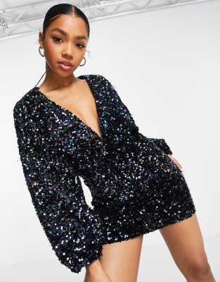 Pull Bear long sleeved sequin plunge v front dress in multi