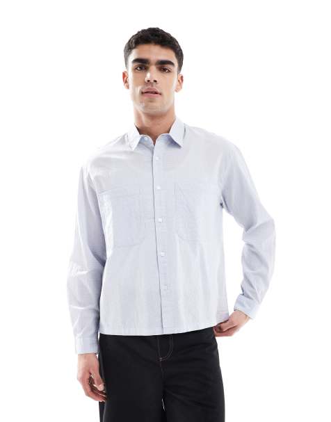 Pull&Bear long sleeved textured checked shirt in grey - view 1
