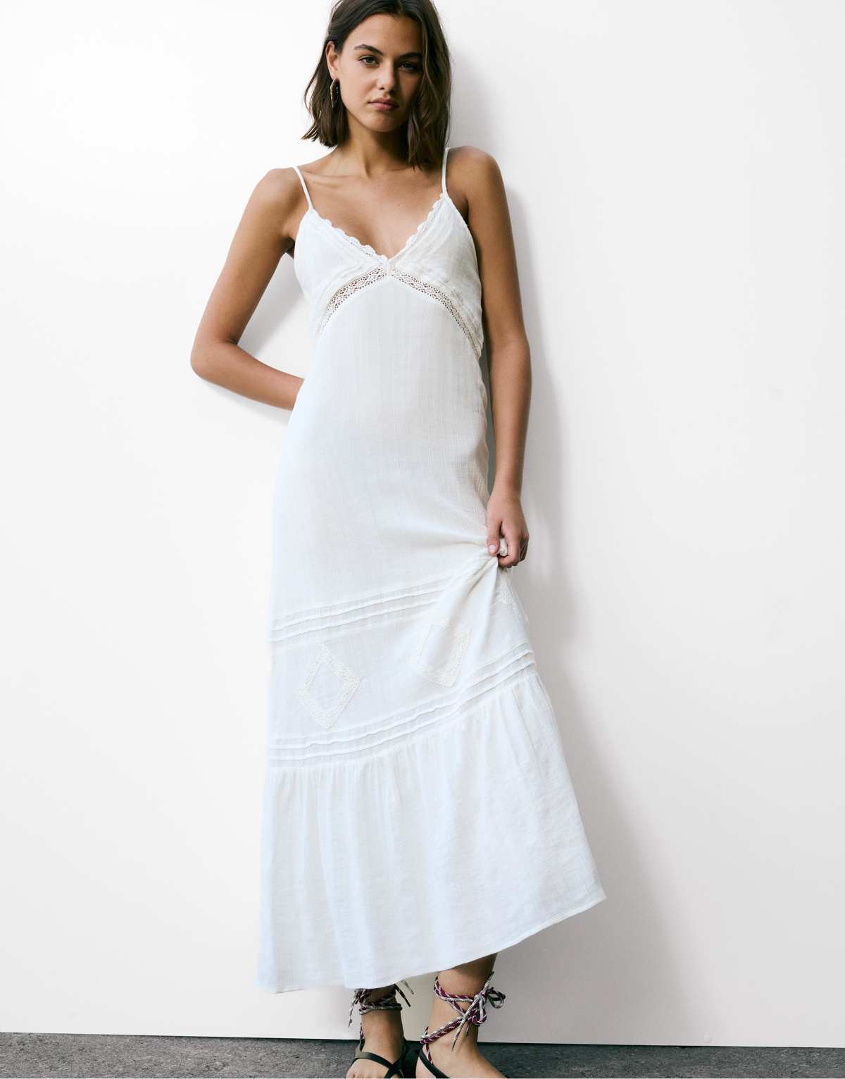 Pull&Bear Long strappy dress with lace trim in white