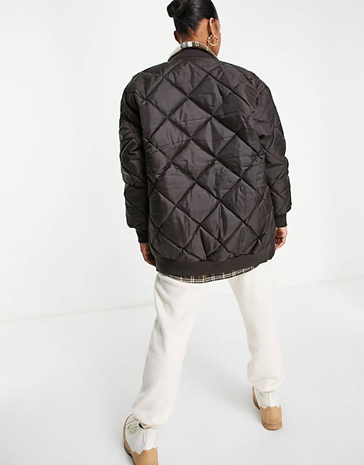  Pull&Bear longline bomber quilted jacket in dark down 
