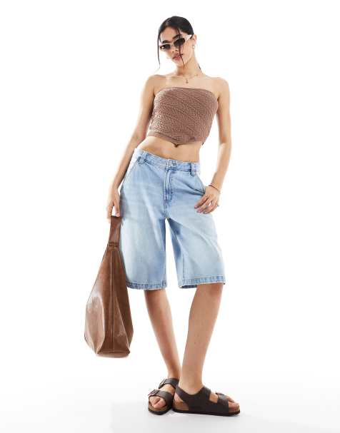 Pull&Bear longline carpenter denim jort in mid blue - view 1