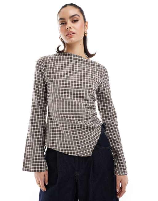 Pull&Bear longline checked top in brown