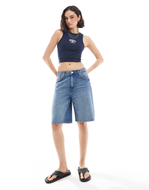 Pull&Bear longline cut off denim shorts in dark blue 