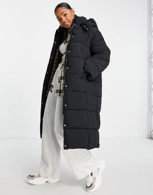 Pull&Bear longline padded coat with hood in black