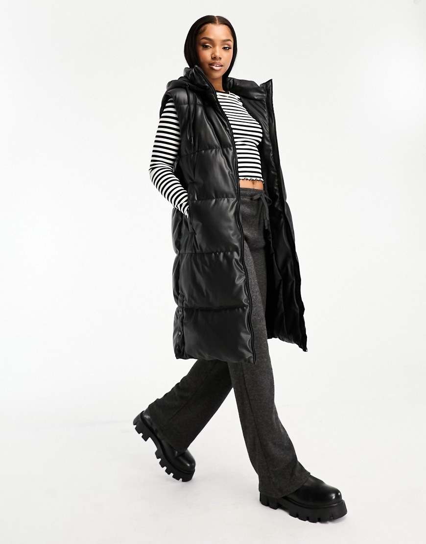 Pull & Bear longline padded faux leather gilet with hood in black