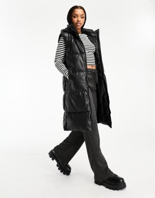 Pull&Bear longline padded faux leather vest with hood in black