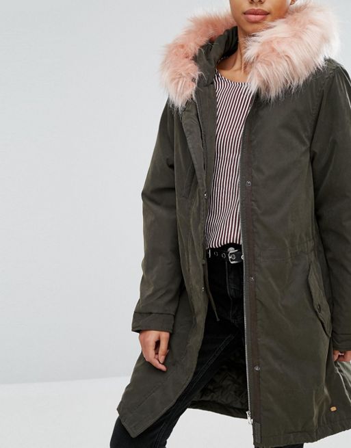 Pull&Bear faux fur extra long collared coat in brown