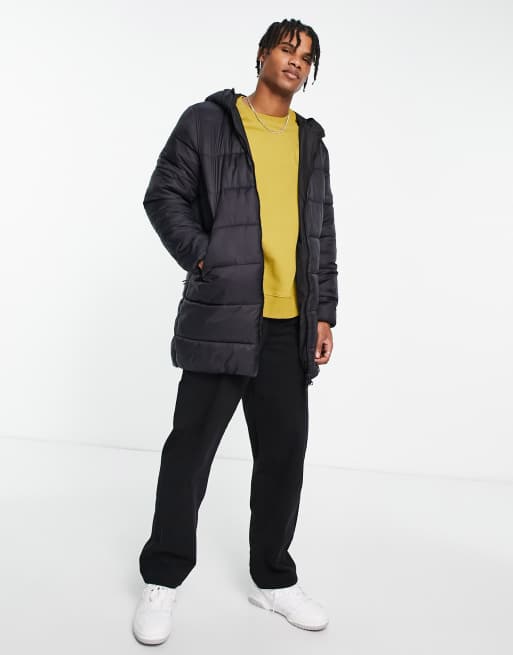 Pull&Bear longline puffer jacket in black | ASOS