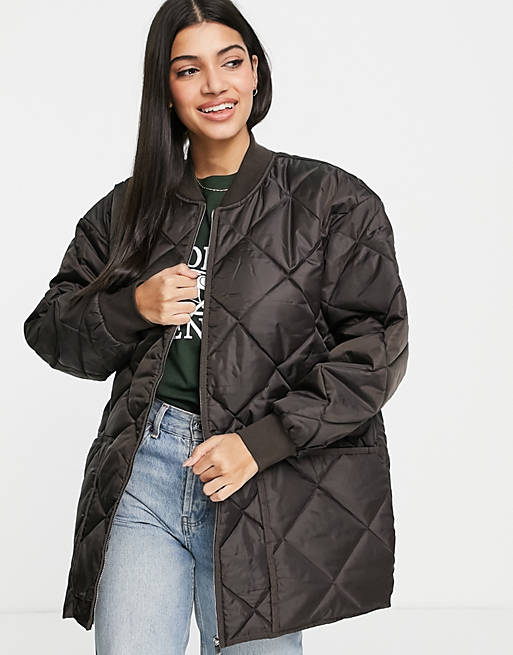 Pull&Bear longline quilted bomber jacket in dark down
