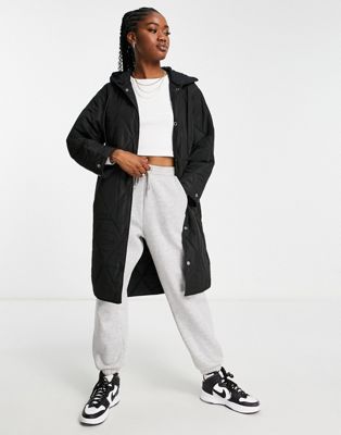Pull&Bear longline quilted coat in black