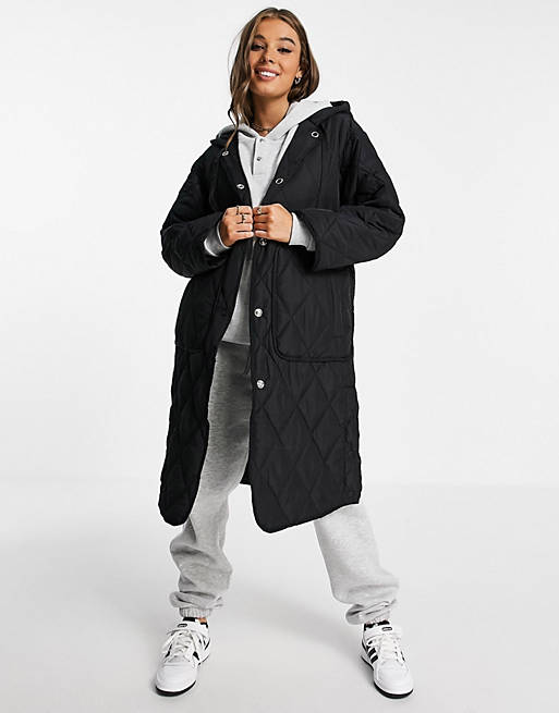 Women Pull&Bear longline quilted coat with hood and big pockets in black 