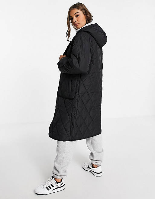 Women Pull&Bear longline quilted coat with hood and big pockets in black 