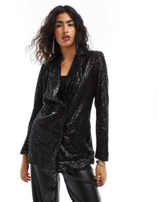 longline sequin blazer in black