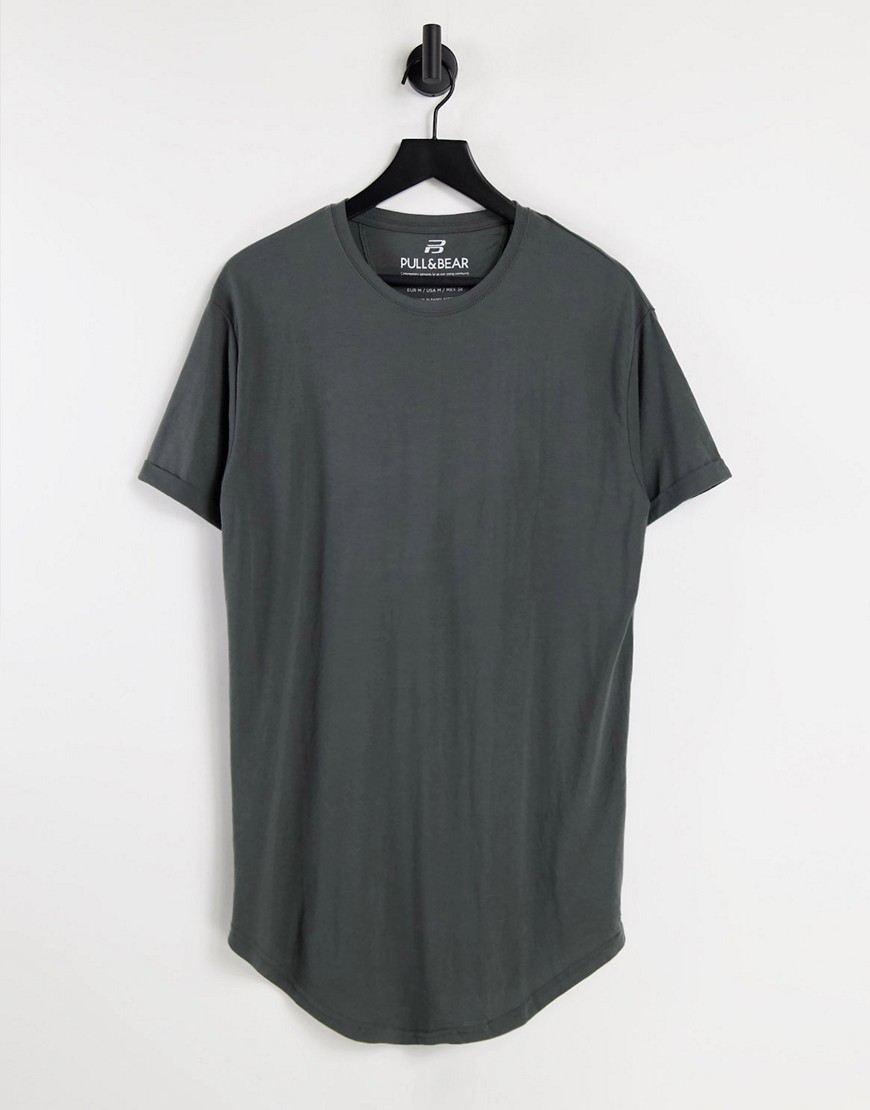 Pull & Bear longline t-shirt in dark beige-Neutral