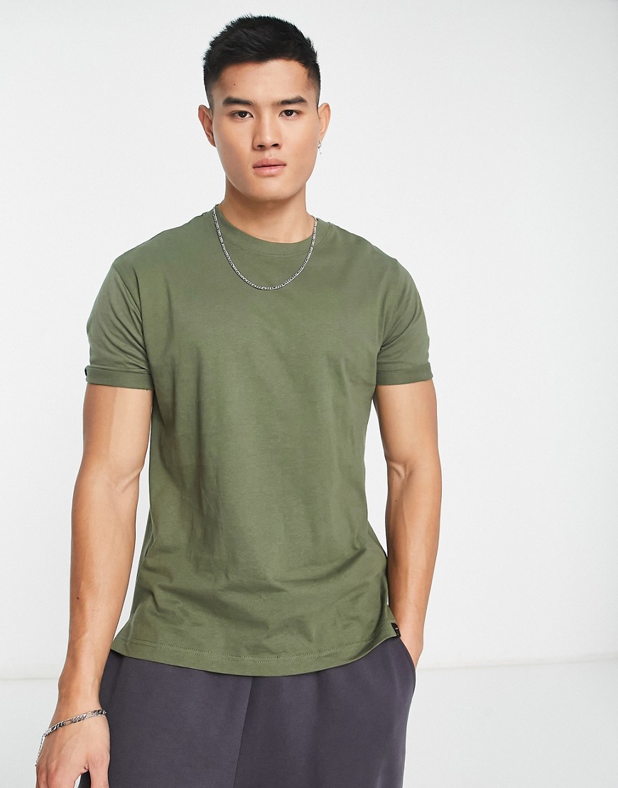 Pull & Bear longline t-shirt in khaki-Green