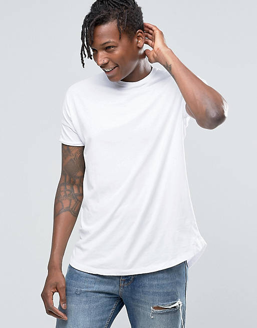 Pull&Bear Longline T-Shirt In White With Curved Hem