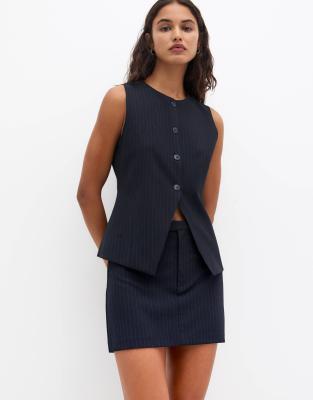 Pull & Bear Longline Tailored Vest In Navy Pinstripe - Part Of A Set