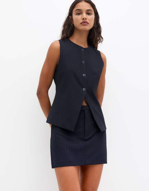 Pull&Bear longline tailored waistcoat in navy pinstripe (part of a set)