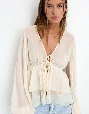 Pull&Bear loose blouse with ruffles in ice - view 1