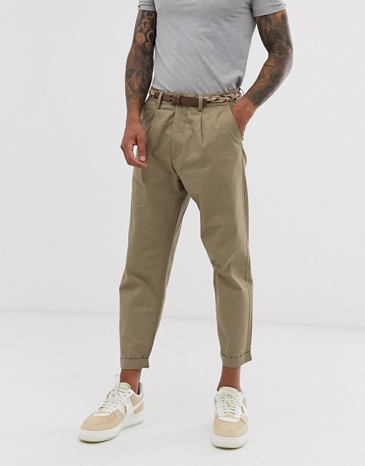 Pull&Bear loose chino trousers in tan with belt