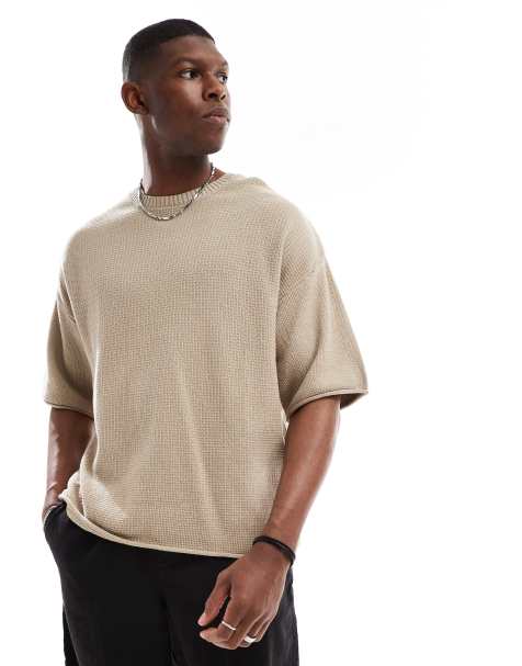 Pull&Bear loose fit knit t-shirt in sand - view 1