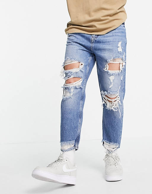 Pull&Bear loose fit ripped jeans in mid blue