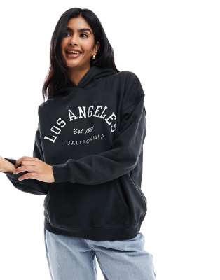 Pull & Bear 'los Angeles' Graphic Hoodie In Black